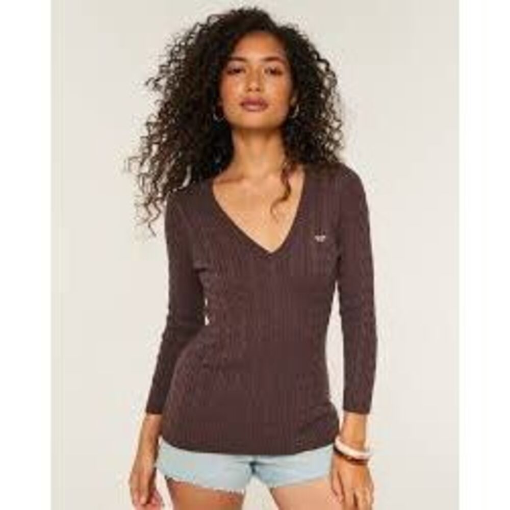 Hollister Cable Knit V Neck Sweater Sz M Brown